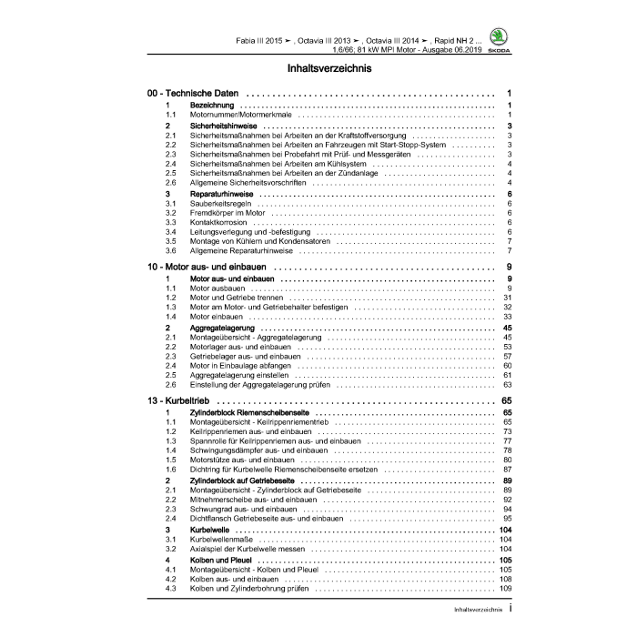 Skoda Octavia 3 (2012-2020) Reparaturleitfaden Motor 1,6 Liter MPI Benziner 81 kW / 110 PS